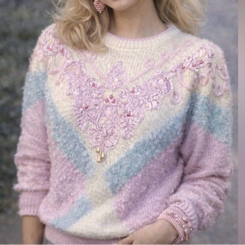 *Vintage 80’s- Jaclyn Smith - Pastel Knit beaded Sweater